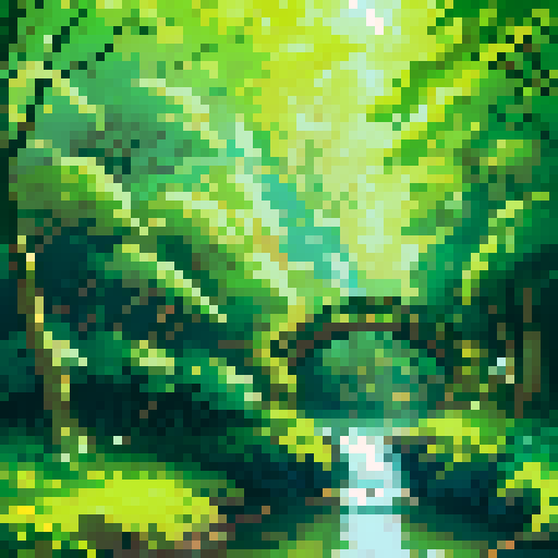 large, detailed, top-down view of a lush, enchanted forest with towering, ancient trees, vibrant foliage in various shades of green, sparkling sunlight streaming through the canopy, meandering rivers and creeks, serene, tranquil atmosphere with soft, pastel color palette, intricate pixel art details bringing the flora and fauna to life