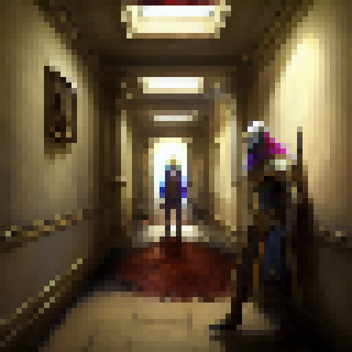 "Fantasy RPG style image of an assassin dashing down a hallway, illuminated by the bright, vibrant colors of the body hanging from the ceiling behind them."