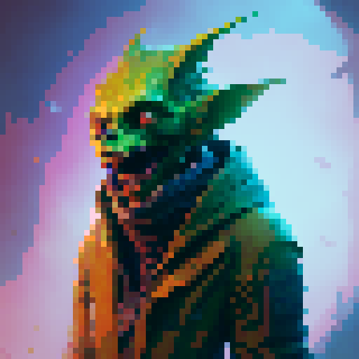 Green Goblin, leering grin, crooked teeth, sharp claws, sinister eyes, hunched posture, tattered cloak, glowing green aura, adorned with skulls, fantasy RPG