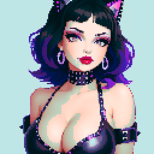 curvy, cute goth cat girl face, black hair, purple eyeshadow, red lipstick, studded leather, face portrait, glamour shot, vibrant sRGB colors, pixel art