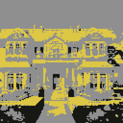 Suburban mansion, front view, symmetrical design, towering structure, pixelated windows, pristine lawn, vibrant flowers, winding driveway, vibrant colors, low-resolution details, sRGB color palette