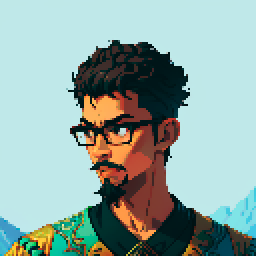 Southeast Asian man, short curly hair, round glasses, tanned, goatee, diamond shaped face, black eyes, age 25, wearing a cloaks