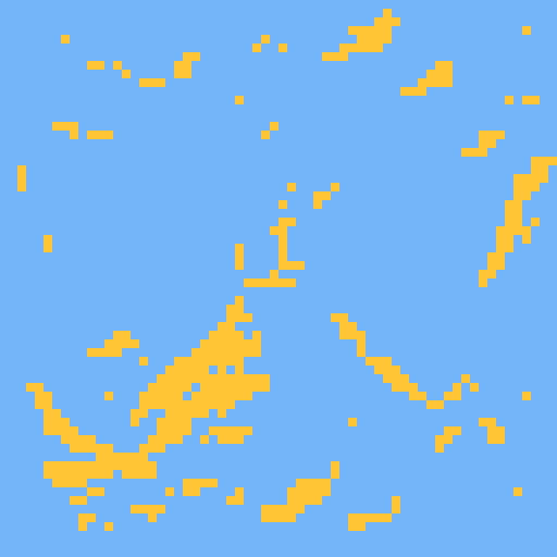 Create a 256×256 pixel art background of an expansive, high‑ceiling library in a fantasy×futuristic style. Use sky‑blue and bright orange as the two main accent colors, balanced against softer purples and warm golds. Include:

• Rows of towering bookshelves made of gleaming metal and arcane wood, glowing softly with embedded neon runes  
• Scattered magical artifacts: floating crystals, open tomes with swirling glyphs, levitating quills  
• Two cute, semi‑transparent floating brains wearing tiny