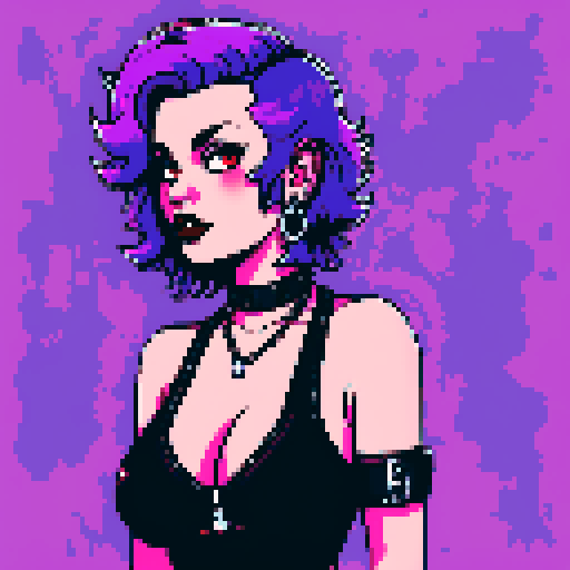 curvy, cute, busty greaser goth girl, with purple hair, black eyeshadow, red lipstick. Large breasts,  wearing bikini and studded collar. Posing in a sexy seductive glamour shot, whole head portrait, avatar photo. vibrant sRGB colors, pixel art, edgy aesthetic