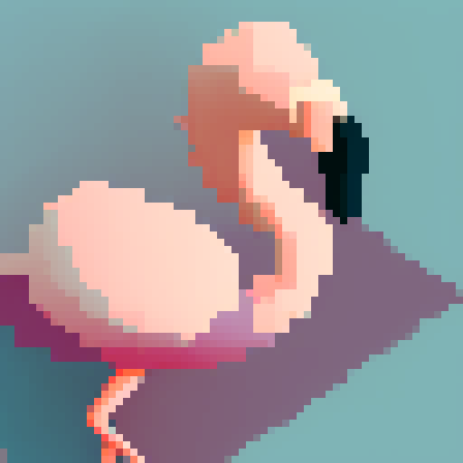Pink, feathered, slender-necked flamingo standing tall amidst a sea of vibrant colors, rendered in stunning pixel art