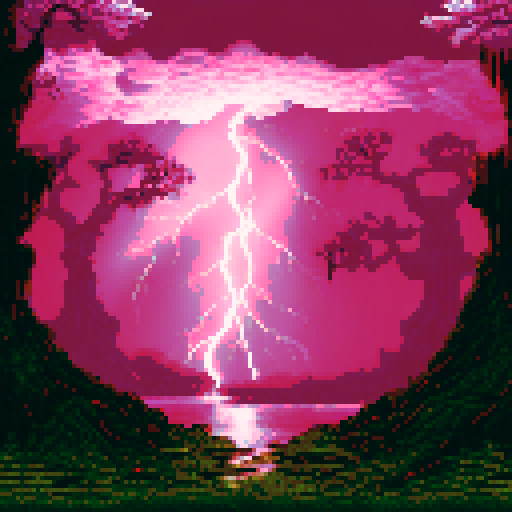 Eerie twisted trees, illuminated by electric bolts, tower over a desolate landscape in a pixelated sRGB rendering of a dark and menacing forest during a thunderstorm