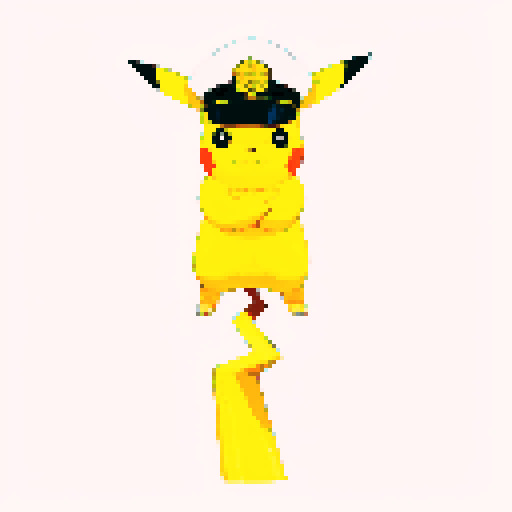 A yellow, electric-themed rodent with large, pointed ears and a thick, zigzag lightning tail that curves upward to support its weight. The character stands confidently on its tail, arms crossed, wearing a detailed captain's hat with a bold insignia. Viewed from behind and slightly to the right, it gazes at a 60-degree angle. The scene is a grassy field with a vibrant, cloudy sky, emphasizing an adventurous, heroic tone.