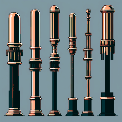 I want a tall vertical copper structure reminiscent of a organ pipe. It should have strange mechanical details that could interlock with each other. I also want this object usable an asset in a videogame, meaning only one object per image, outlined with a strong black stroke, on a solid-color background.