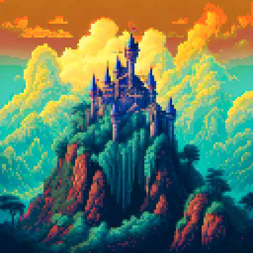 Make a fantasy themed castle in the mountains with a looming storm on the horizon