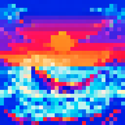 Watermelon whale breaching through a vibrant blue ocean, its juicy red flesh contrasting against the pixelated waves and the pixel art sunset in the distance