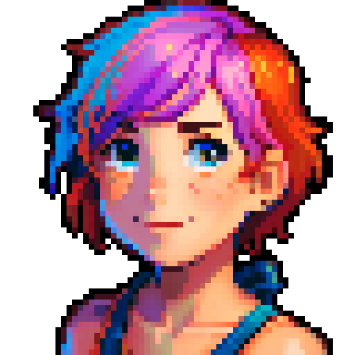 stardew valley-inspired, woman, pixel art, sRGB, vibrant colors, rustic backdrop, short colorful hair, glowing skin, gentle smile, freckles, rosy cheeks