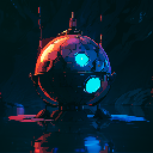 Sphere robotic, metallic sheen, glowing LED lights, mechanical limbs, retro-futuristic, geometric patterns, vibrant colors, low resolution, blocky pixels, 8-bit aesthetic, pixelated details, sharp edges, crisp lines, nostalgic video game vibe
