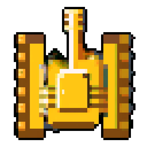 small tank, top-view, game sprite, 32x32 pixel art, sRGB, 2d game art, close up, yellow main color, single turret, intimidating cannons, tracks, tranparent background, game sprite, symmetry