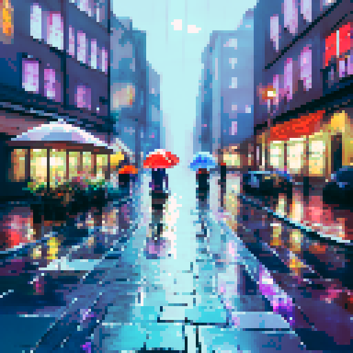 colorful umbrellas, wet cobblestone streets, towering skyscrapers, shimmering reflections in puddles, misty neon lights, people huddled under awnings, rain-soaked flowers, silhouettes of city dwellers with umbrellas, cascading water droplets on windows, a foggy skyline
