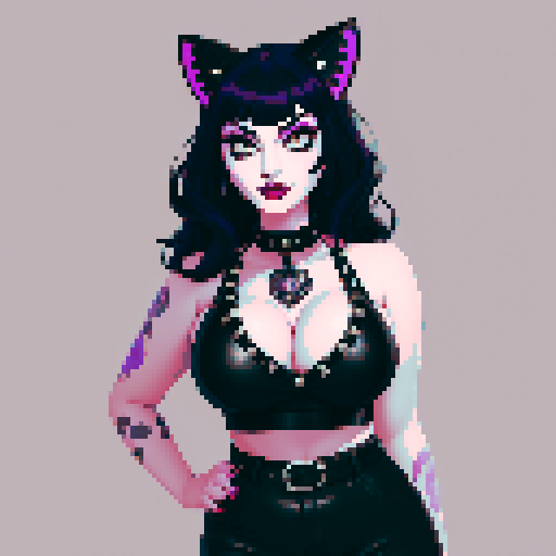 curvy, cute busty greaser goth girl's face, goth cat girl, whole head portrait, black hair, purple eyeshadow, red lipstick, low cut black studded leather halter top, studded collar, game avatar portrait, vibrant sRGB colors