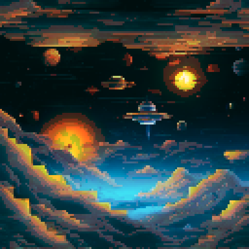 floating space station, among the stars, above the earth, with the sun shining dimly, vibrant sRGB colors, intricate pixel art, detailed background, expansive landscape