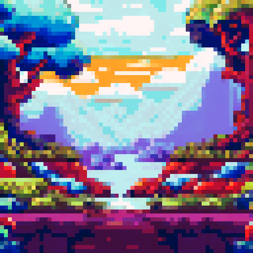 forest with a cave, trees, small fairies, large plants, evil red eyes in bush, sRGB, pixel art, background, landscape