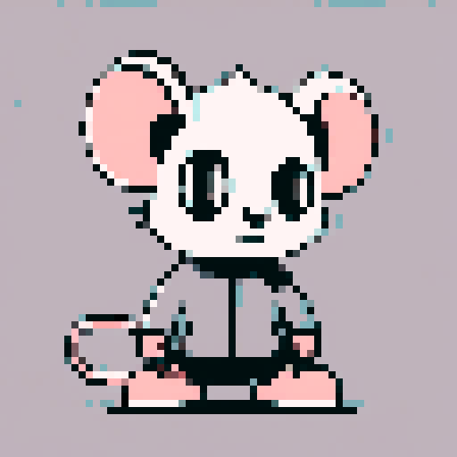 A minimalistic black-and-white pixel art design of a cool rat with a fierce expression doing needlework. The rat is depicted sitting cross-legged, with a visible needle and thread in its hands. The art style is simple, clean, and cartoonish, focusing on humor and minimal details. The rat has a determined look. The background is plain white. Emphasize clean lines and a playful tone.