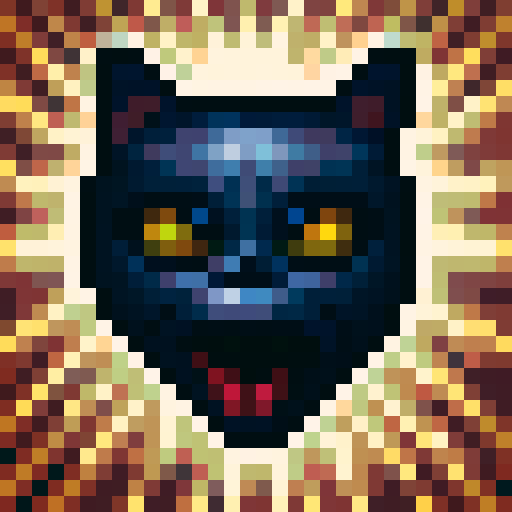 dead black cat with sharp, jagged teeth and an empty eye socket in a closeup face, rendered in a pixelated MSX style for a striking character portrait.