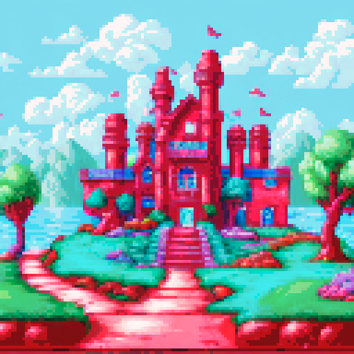 whimsical, colorful, vibrant, mansion by the sea, sRGB, pixel art, background, landscape