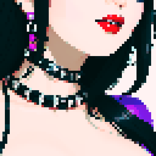 curvy, busty goth, cute goth woman's face, black hair, purple eyeshadow, red lipstick, studded leather string bikini, face portrait, beauty photo, vibrant sRGB colors, pixel art