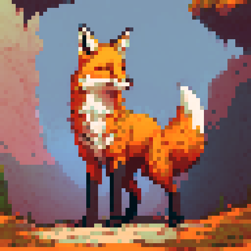 fox, pixel art, sRGB, vibrant orange, sharp triangular ears, sleek body, bushy tail, animated expression, expressive eyes, confident stance