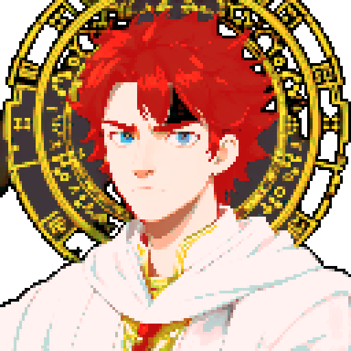 red headed male wizard with regal white robes, adorned with astrological symbols, in a pixel art style with vibrant sRGB colors