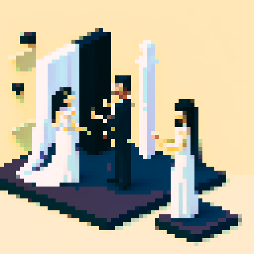 bride with fair skin, black hair, and tall stature, groom with ethnic features and short stature, both under white cloth chuppah, at a Jewish wedding, against a black background, in a flat color, pixel art style, emphasizing sRGB