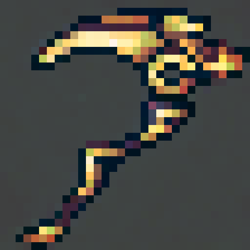 Scythe, black and gold, glowing, modern style, 32x, fantasy RPG-inspired