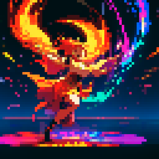 dancing flames, vibrant colors, pixelated movements, flickering glow, rhythmic energy, swirling patterns, mesmerizing display, sRGB palette, dynamic pixel art