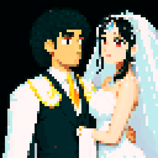 bride with fair skin, black hair, and tall stature, groom with ethnic features, under white cloth chuppah, at Jewish wedding, against black background, pixel art style, emphasizing sRGB