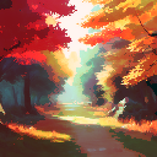 autumnal forest clearing, giant tree, vibrant foliage, golden sunlight, serene atmosphere, landscape portrait