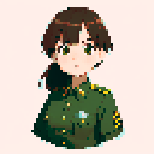 combat green uniform, army, cute girl, brown hair, brown eyes, transparent background, game icon, upper body close-up, centered composition, clean and detailed