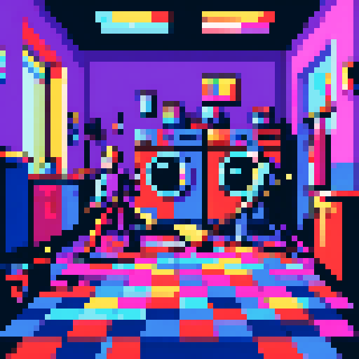 Two broom-wielding figures, engaged in a lively duel, amidst the vibrant colors and blocky pixels of a laundry room