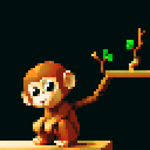 little monkey holding branch, wooden organ monkey squatting, staring at people, pixel art, sRGB