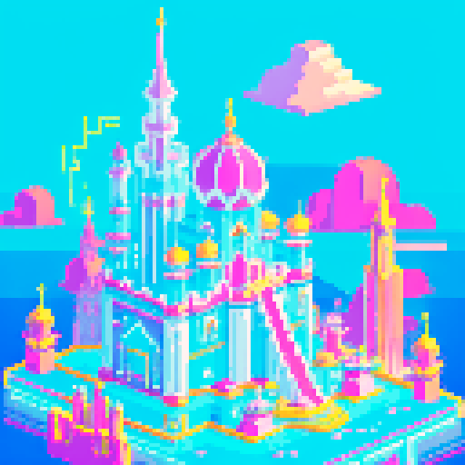 floating palace, cyan sky, vibrant colors, retro video game, isometric view, 8-bit graphics, glowing windows, towering spires, reflective water, pixelated clouds, fantastical architecture, neon lights, bustling activity, surreal landscape