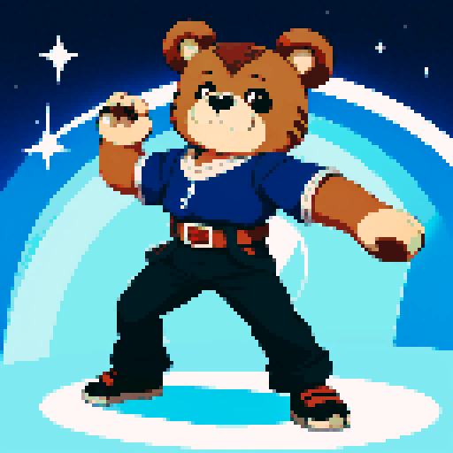 This image features a stylized bear inspired by retro 1995 anime, in a chibi art style. The bear has expressive black eyes and a brown skin. The hair is styled in long twin pigtails, the bear has magical clothes with belts and various patches. This bear has a mascot pose. The background depicts a detailed wild magic night with shining stars and a dark waterfall. This is a typical example of how popular anime characters