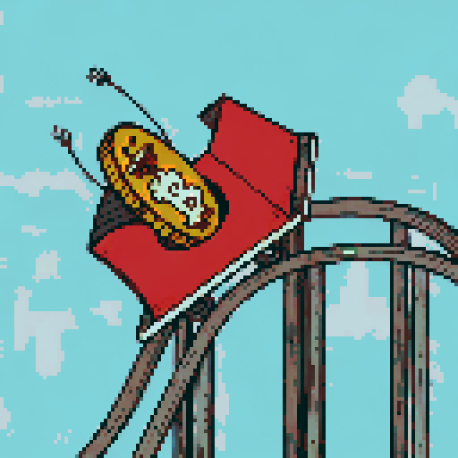 Amusement park, vibrant roller coasters, whimsical carousels, towering ferris wheels, sRGB colors, pixel art