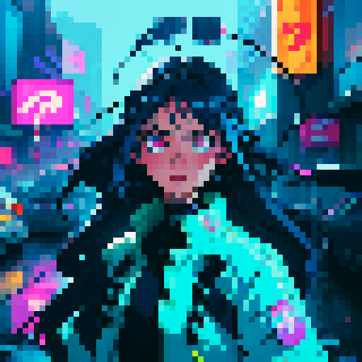 cute character with big, expressive eyes, long blue hair, vibrant neon colors, pixel art aesthetic, futuristic cityscape filled with towering skyscrapers and holographic billboards, glowing neon signs reflecting off rain-soaked streets, characters wearing edgy, futuristic fashion, dramatic lighting casting long shadows, intricate circuitry and glowing cybernetic, landscape portrait
