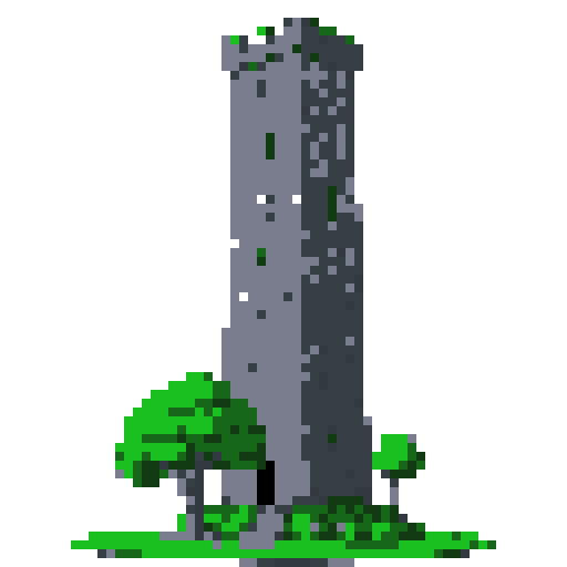 2d grey stone tower in an ancient english style. Old and crumbling but still upright. Green vines crisscross it. Usable as an asset (clear, thick lines and a white background). Put a black stroke around the composition