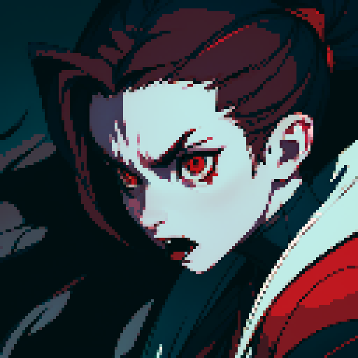 vampire with sharp fangs, pale skin, red eyes, biting neck, blood dripping, dramatic shadows, limited color palette, pixelated details