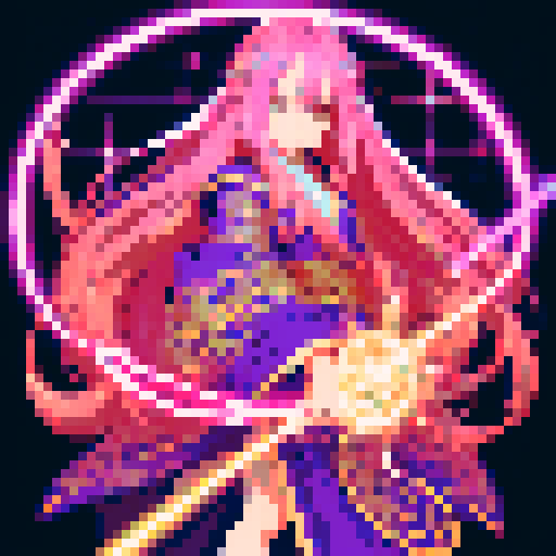 legendary anime girl wizard, long flowing hair, vibrant and dynamic colors, glowing magical staff, intricate and ornate robes, intense and focused expression looking to the right, not wearing shoes, sparkling and shimmering background, detailed and precise pixel art

