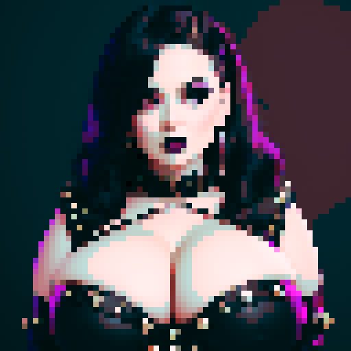 curvy, busty goth babe with studded collar. Full head portrait. big titty goth, in a close up glamour shot. Wearing Halter top. Vivid gif colors