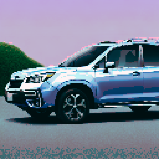 Photorealistic whole Subaru Forester centered, three-quarter view, right front wheel, clean background, sRGB colors, pixel art style
