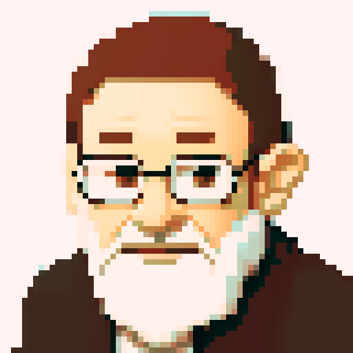 portrait, sprite art, old man, barista, trendy, queer, cozy, cute, soft eyes