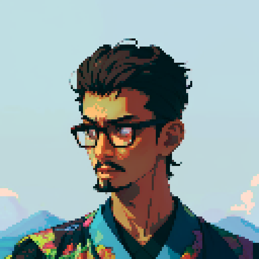 Southeast Asian man, short curly hair, round glasses, tanned, goatee, diamond shaped face, Wearing a robe