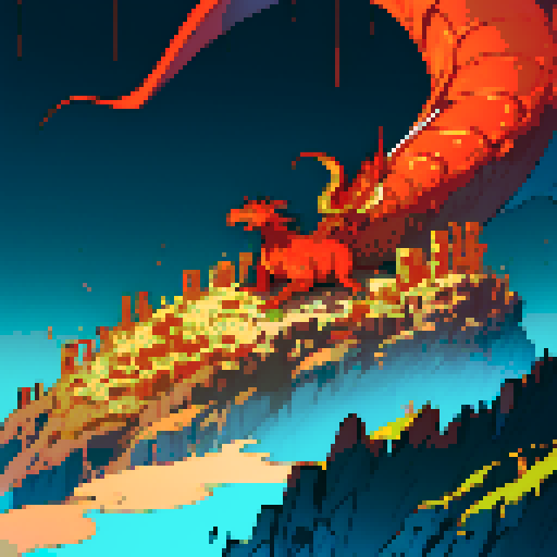 fire dragon with shimmering red scales, hoard of gold coins glimmering in the background, dragon leisurely lounging on top of a massive pile of gold coins, dragon's majestic form taking up the full canvas with intricate pixel art details in a vibrant sRGB color palette