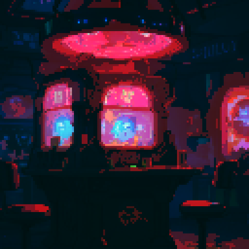 Tavern, neon lights, robotic bartender, holographic menu, retro arcade games, futuristic patrons, pixelated characters, vibrant colors, glowing cocktails, futuristic furniture