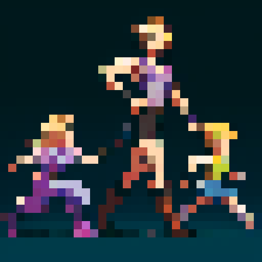 2D character with blond hair and a vest, sword in hand, sprite sheet depicting walking, running, and fighting animations, with a purple shirt, exposed chest, black hair, brown boots, and muscle growth, all in a pixel art style with sRGB colors