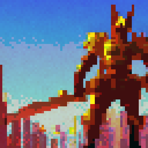 Golden knight, clad in futuristic armor, dashes through a bustling neon city, his glowing sword slicing through the air and leaving a trail of pixelated debris in his wake, all rendered in stunning pixel art and centered in frame.